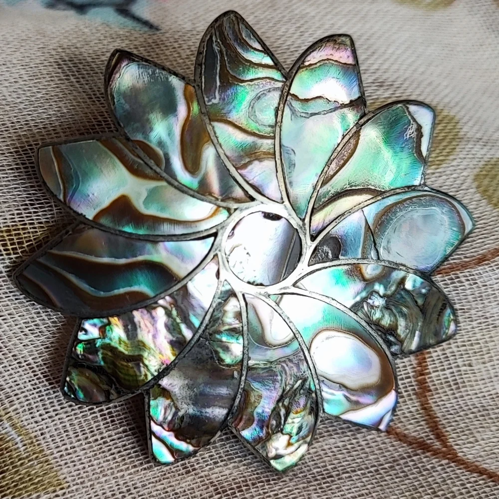 Abalone Shell Alpaca Sterling Silver Mexico Signed Jose N 5 N5 Vintage Brooch